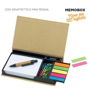 MEMOBOX CON FOGLIETTI, GRAFFETTE, POST-IT E PENNA MINI