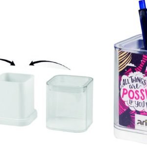 Portapenne in plastica bianca con copertura trasparente