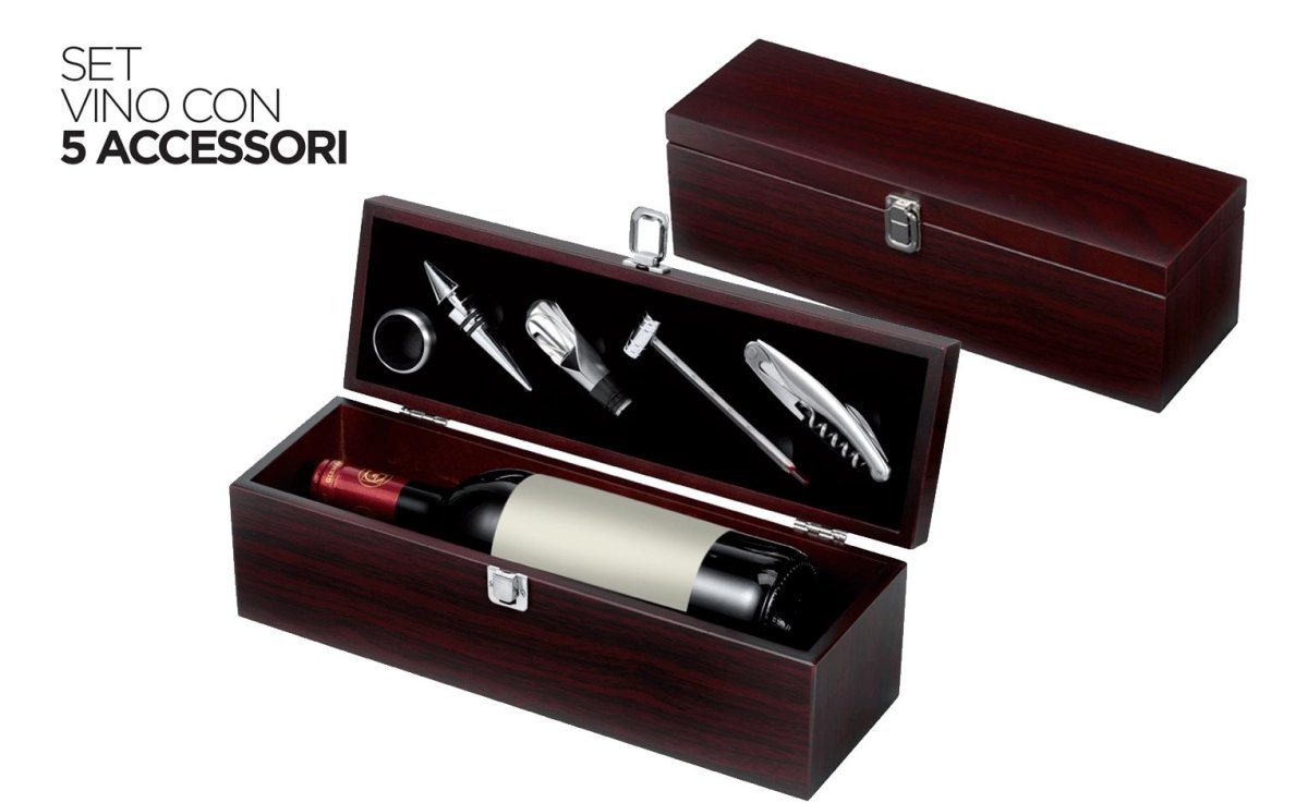 Cassetta portabottiglia in legno con set enoteca