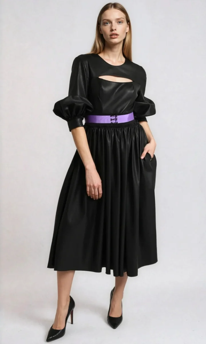 Abito con maniche a sbuffo lungo sportivo in pelle nera