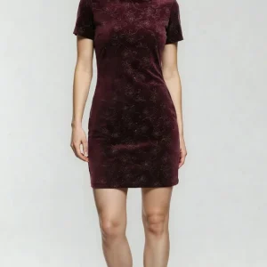 Abito corto in velluto bordeaux da donna maniche staccate