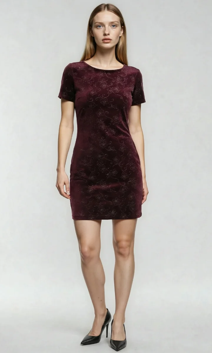Abito corto in velluto bordeaux da donna maniche staccate