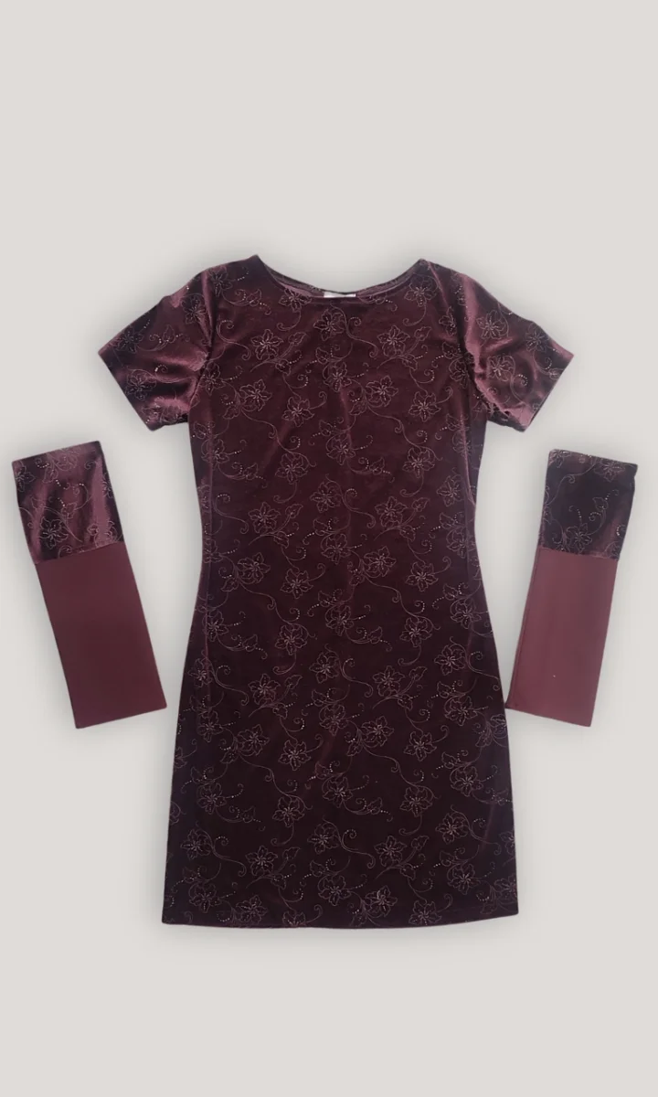 Abito corto in velluto bordeaux da donna maniche staccate - immagine 3