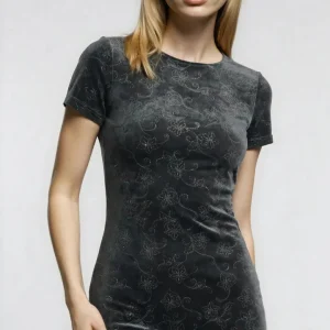 Abito corto in velluto grigio da donna maniche staccate