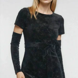Abito corto in velluto nero da donna maniche staccate