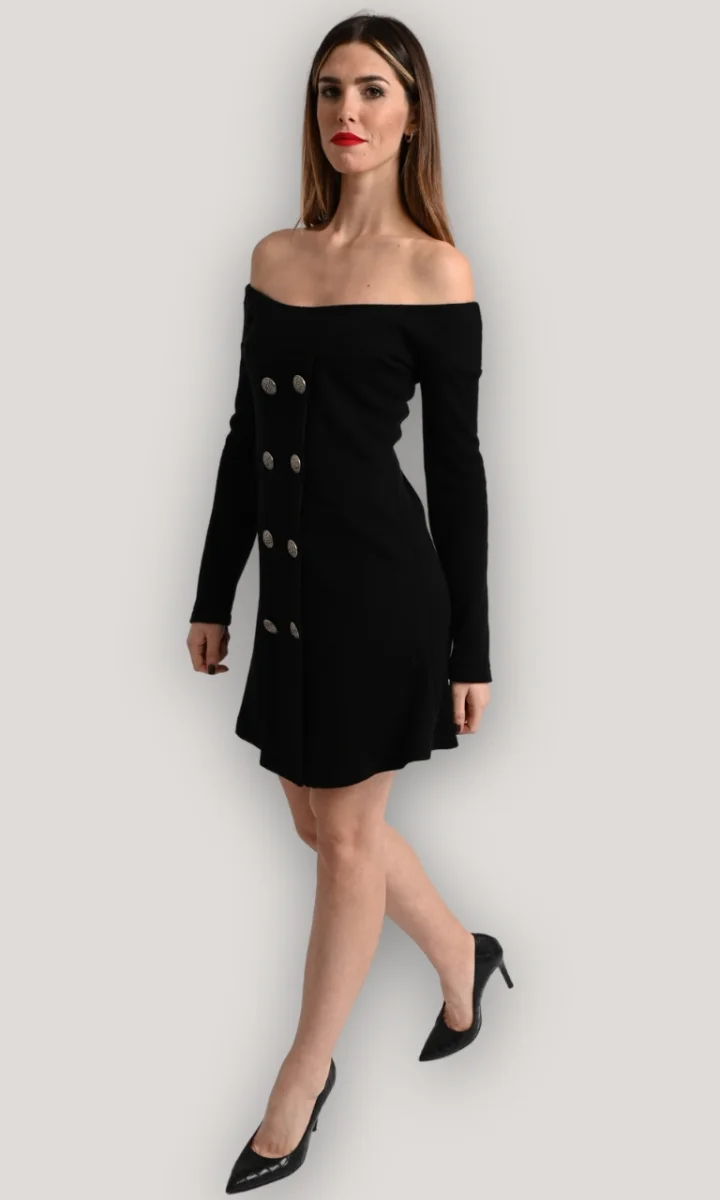 Abito scollo a barca nero corto elegante in lana - immagine 3