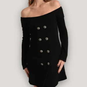 Abito scollo a barca nero corto elegante in lana