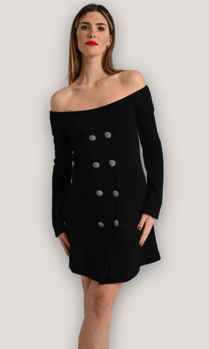 Abito scollo a barca nero corto elegante in lana - immagine 2