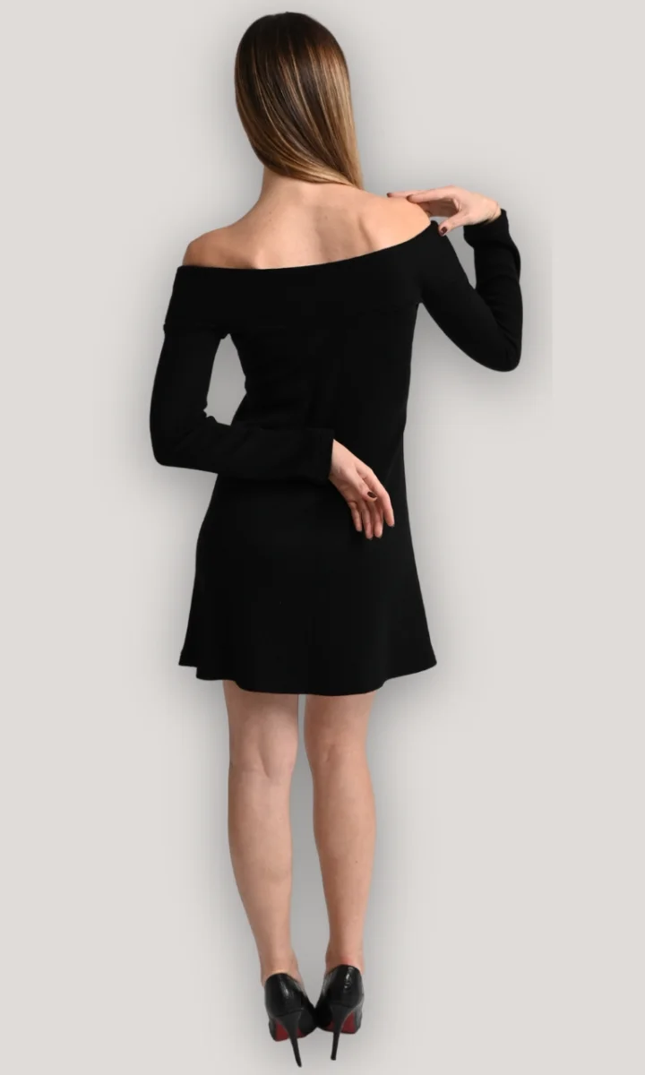Abito scollo a barca nero corto elegante in lana - immagine 5