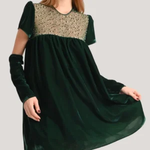 Abito velluto e paillettes verde da donna maniche staccate