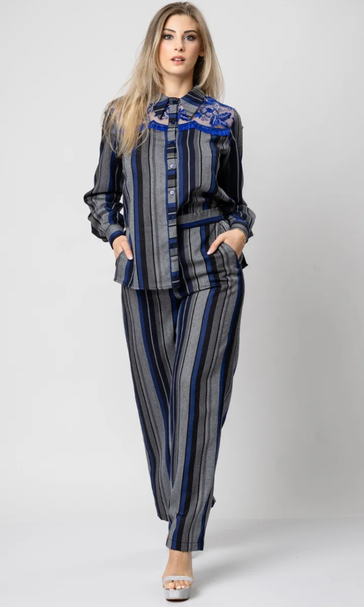 Camicia in lana donna a righe con dettagli ricamati - immagine 3