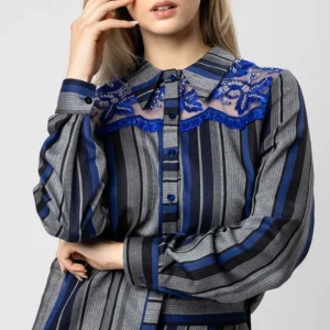 Camicia in lana donna a righe con dettagli ricamati