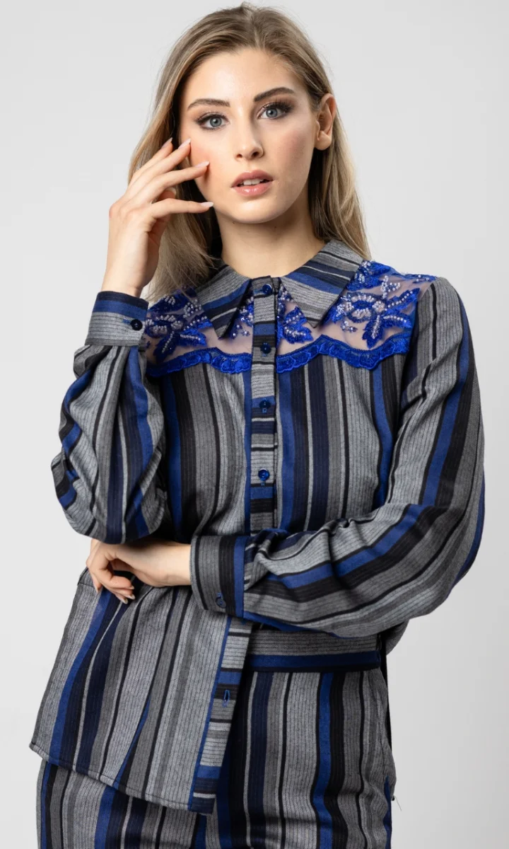 Camicia in lana donna a righe con dettagli ricamati - immagine 2