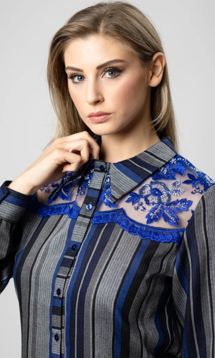 Camicia in lana donna a righe con dettagli ricamati - immagine 5