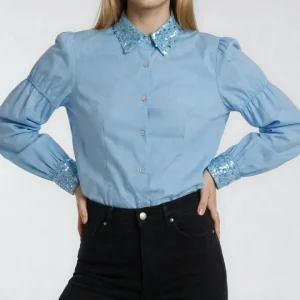 Camicia manica a palloncino celeste da donna elegante