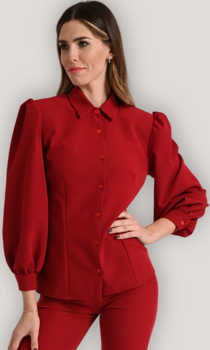 Camicia rossa elegante donna manica a palloncino lunga - immagine 2