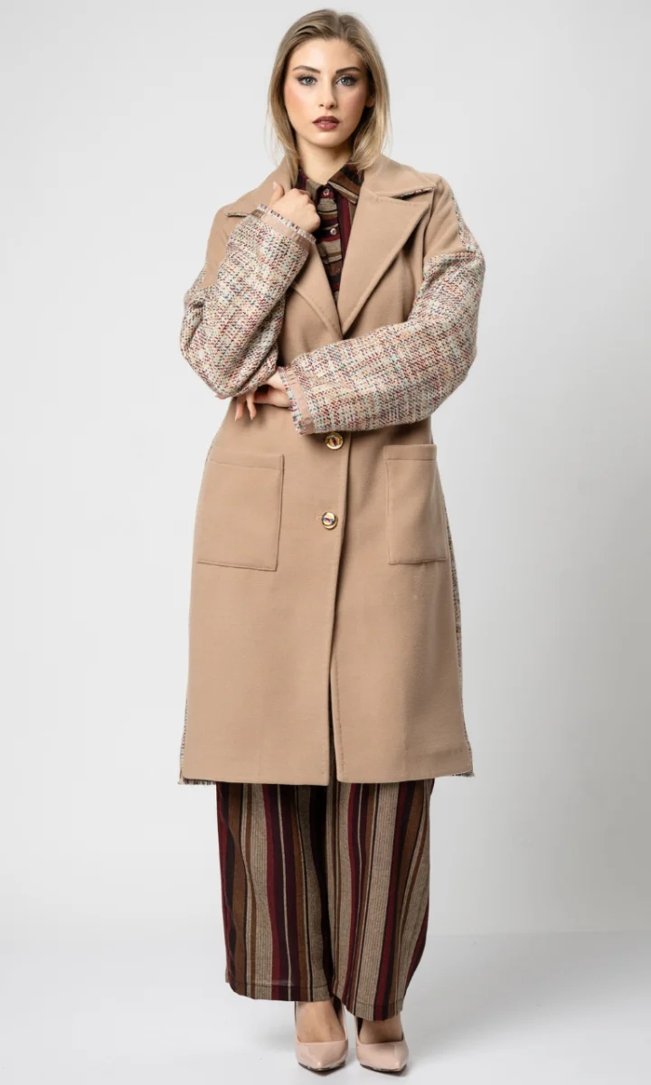 Cappotto donna cammello sartoriale in lana e tweed