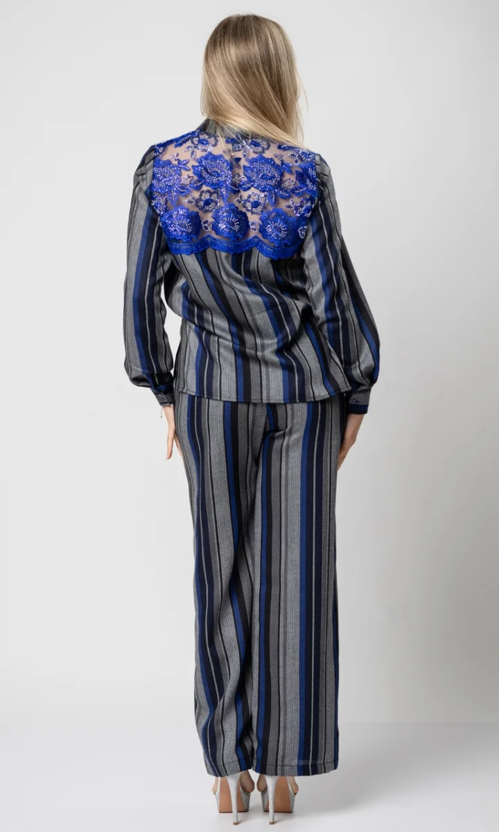 Completo donna elegante in lana con camicia a righe e dettagli in pizzo - immagine 6