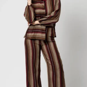 Completo lana donna elegante camicia righe pantalone palazzo