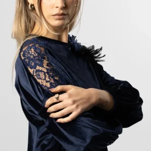 Felpa in velluto e pizzo blu da donna elegante