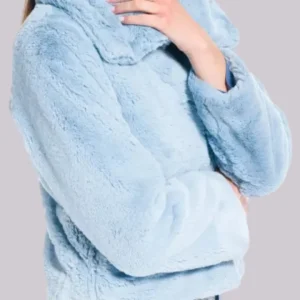 Giacca collo a scialle donna corta in pelliccia celeste ecologica