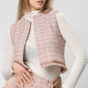 Gilet smanicato da donna elegante in tweed rosa