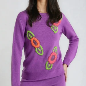 Maglione viola ricamato in lana da donna