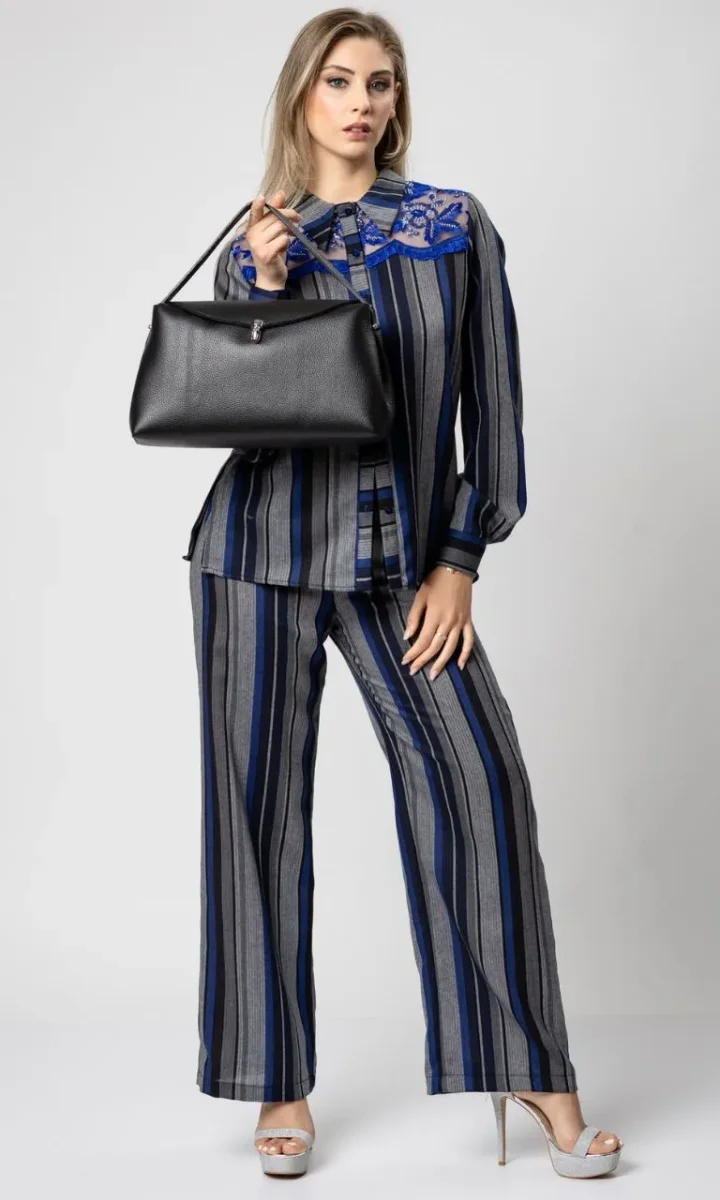 Pantalone a righe donna palazzo elegante vita alta - immagine 4