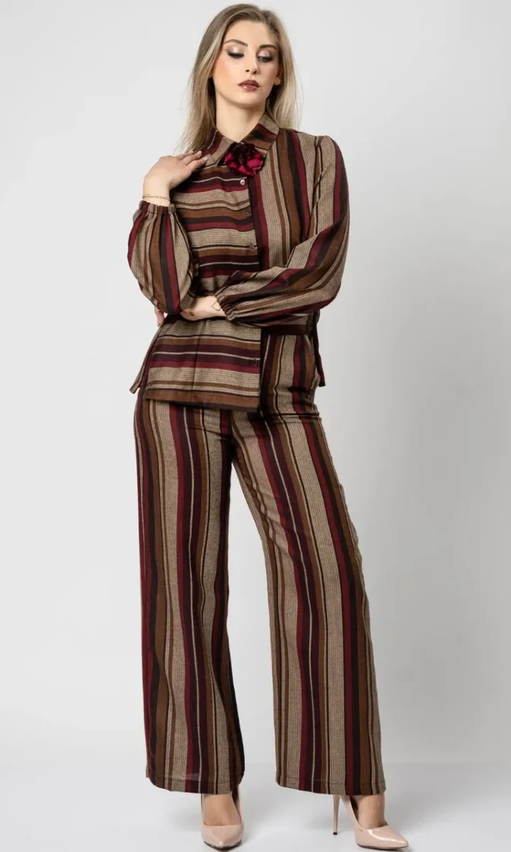 Pantalone a righe donna palazzo elegante bordeaux e marrone