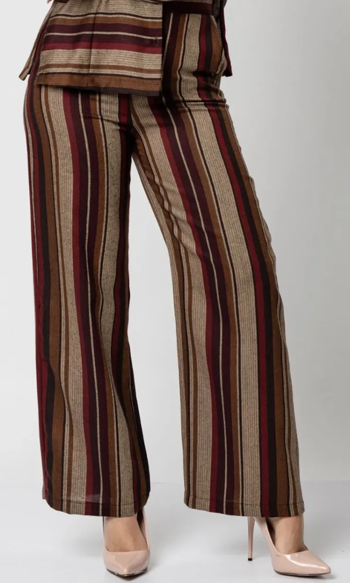 Pantalone a righe donna palazzo elegante bordeaux e marrone - immagine 3