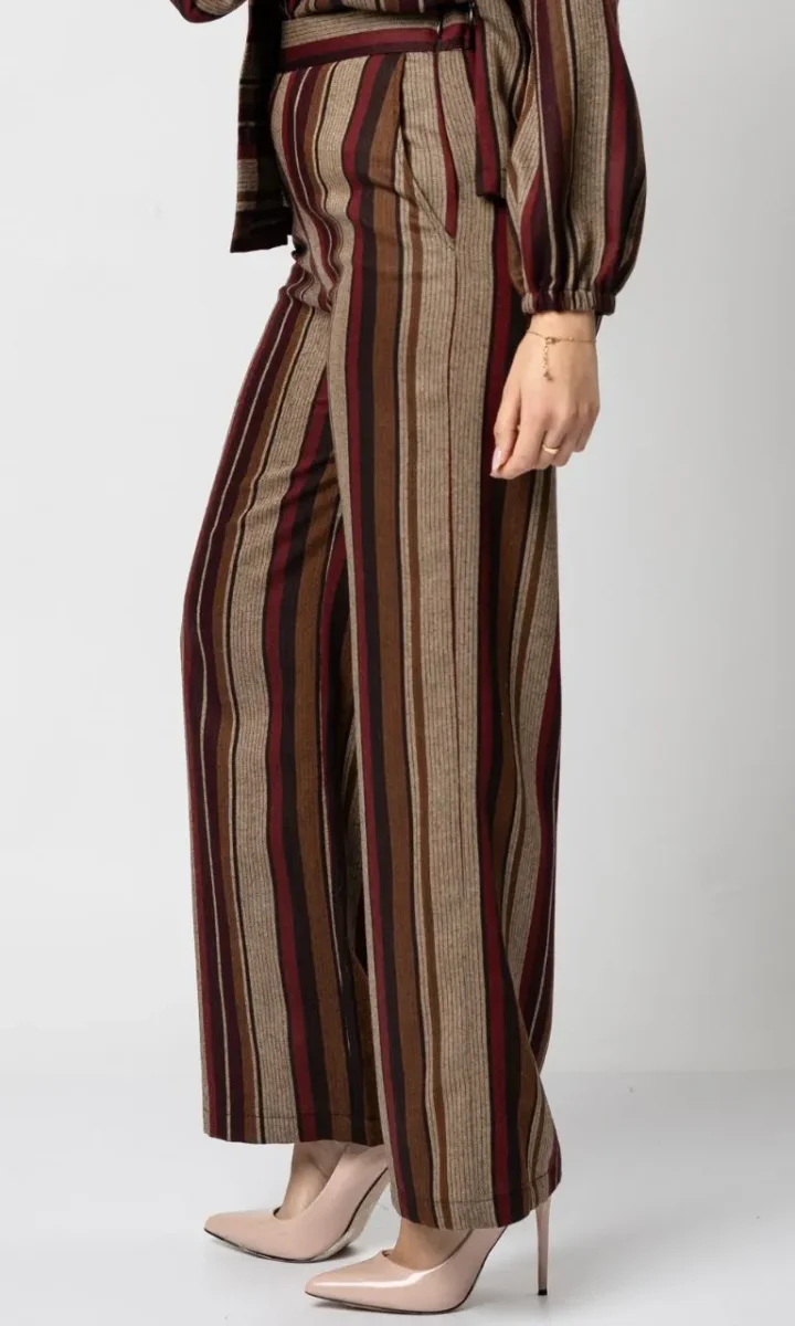 Pantalone a righe donna palazzo elegante bordeaux e marrone - immagine 4