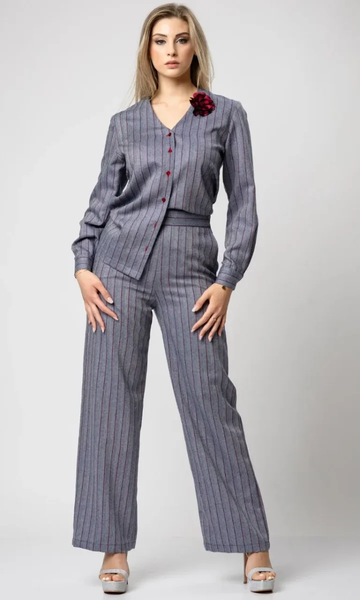 Pantalone a righe donna palazzo elegante a vita alta - immagine 3