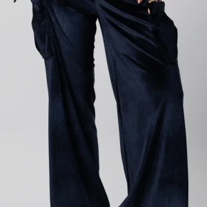 Pantaloni cargo da donna blu in velluto e pizzo