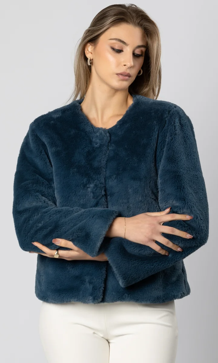 Pelliccia modello chanel, pelliccia ecologica colore denim - immagine 2