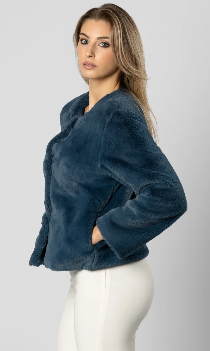 Pelliccia modello chanel, pelliccia ecologica colore denim - immagine 3