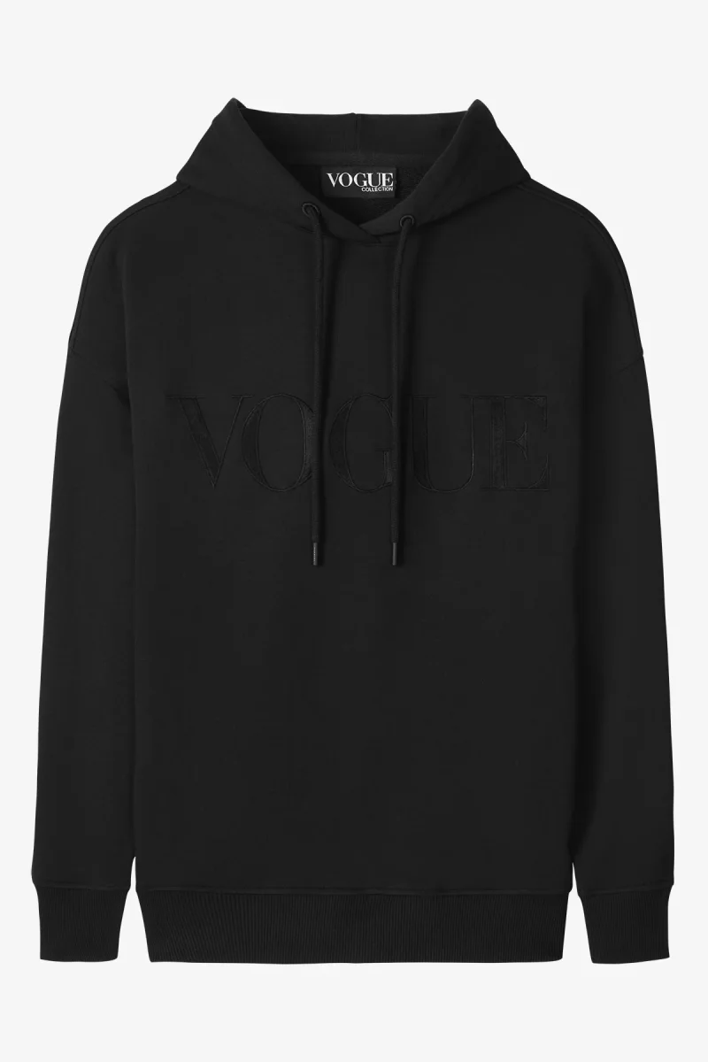 VOGUE Hoodie Black Tonal Embroidered Logo