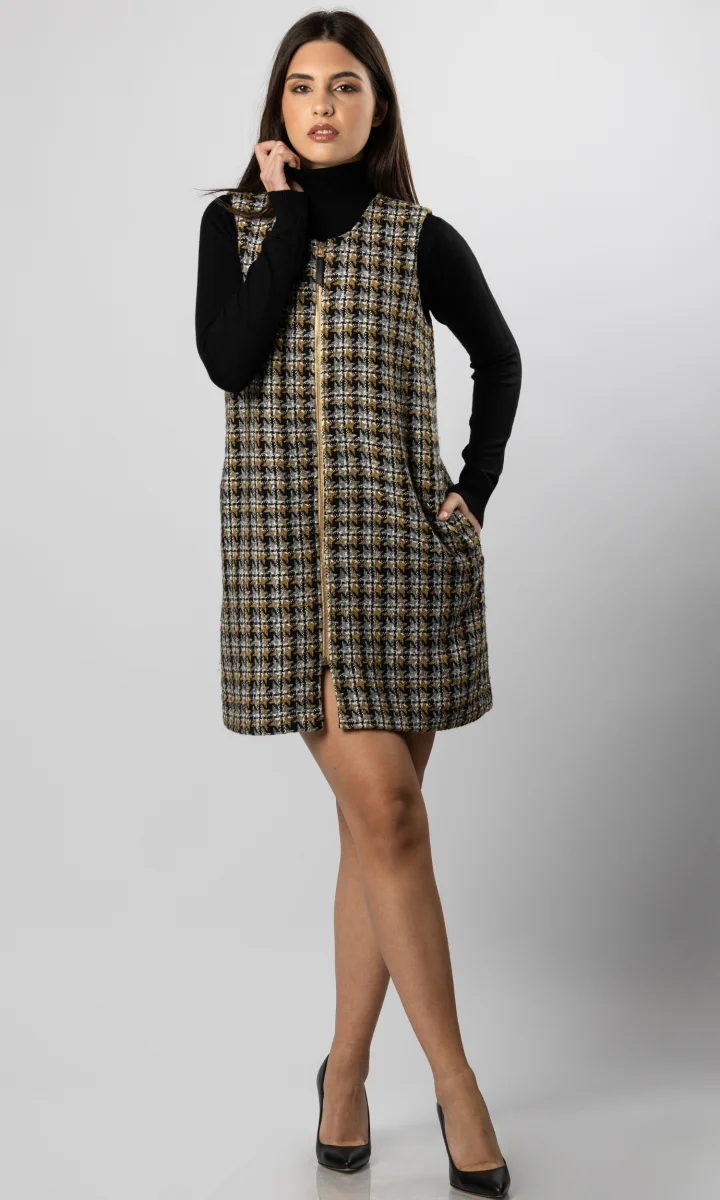 Vestito pied de poul smanicato in lana con zip centrale - immagine 5