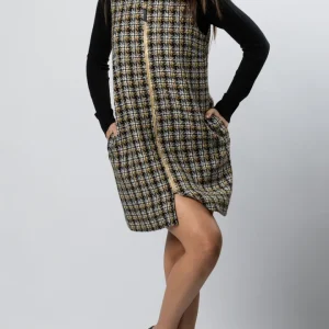 Vestito pied de poul smanicato in lana con zip centrale