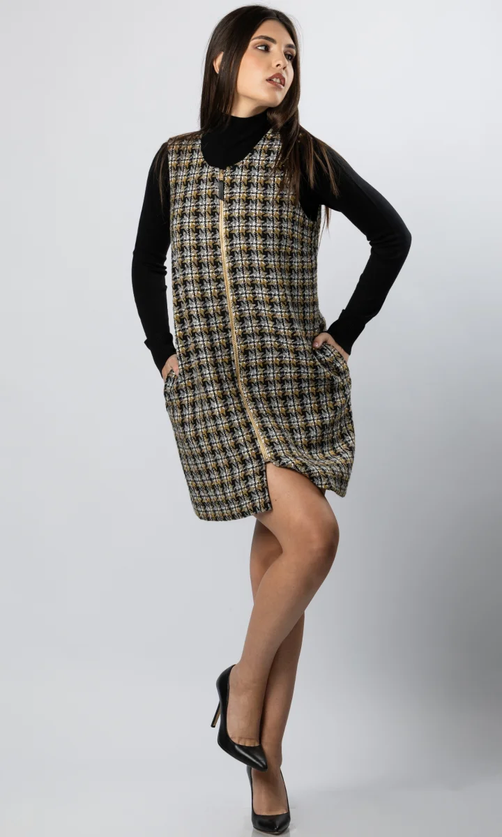 Vestito pied de poul smanicato in lana con zip centrale