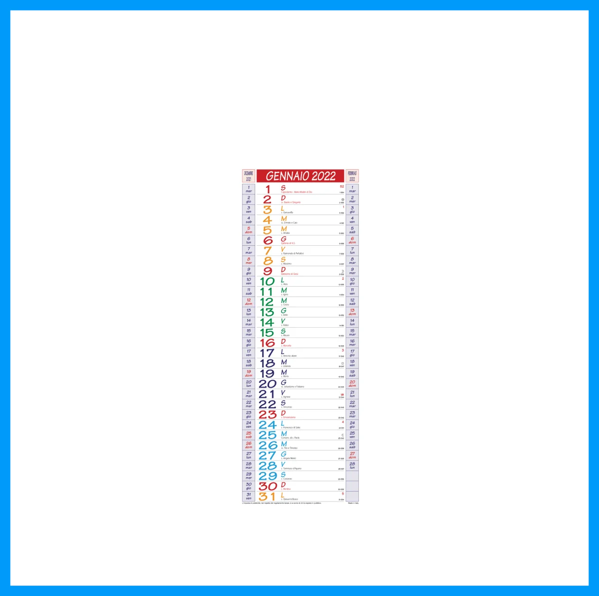 Calendario da parete silhouette multicolore 12 fogli 13,9×47 centimetri