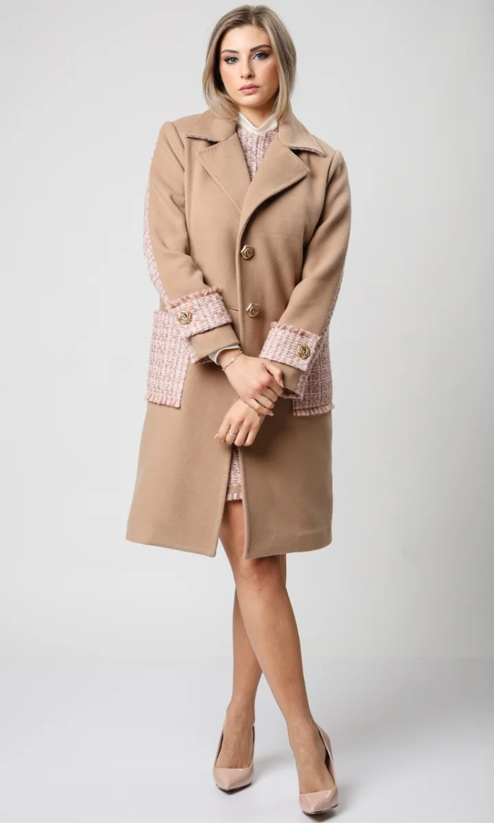 Cappotto sartoriale donna lana tweed rosa cipria e cammello - immagine 5