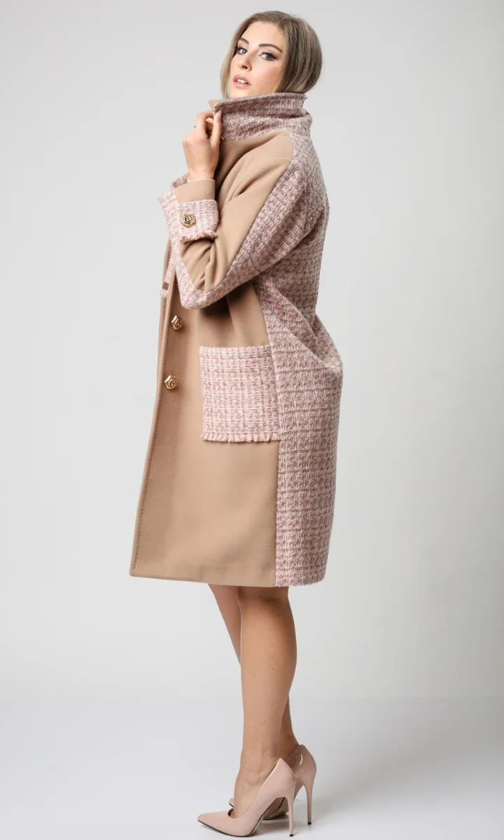 Cappotto sartoriale donna lana tweed rosa cipria e cammello - immagine 4