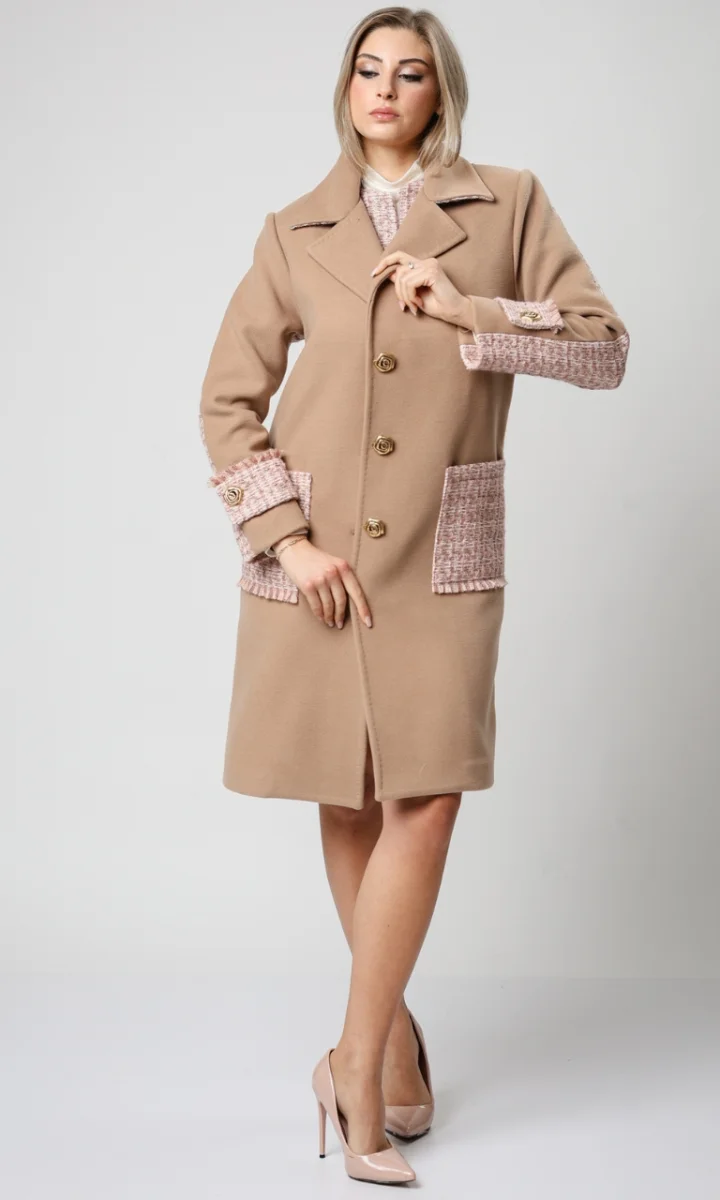 Cappotto sartoriale donna lana tweed rosa cipria e cammello - immagine 2