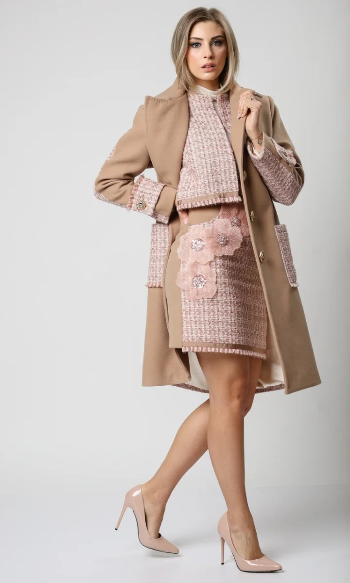 Cappotto sartoriale donna lana tweed rosa cipria e cammello - immagine 3