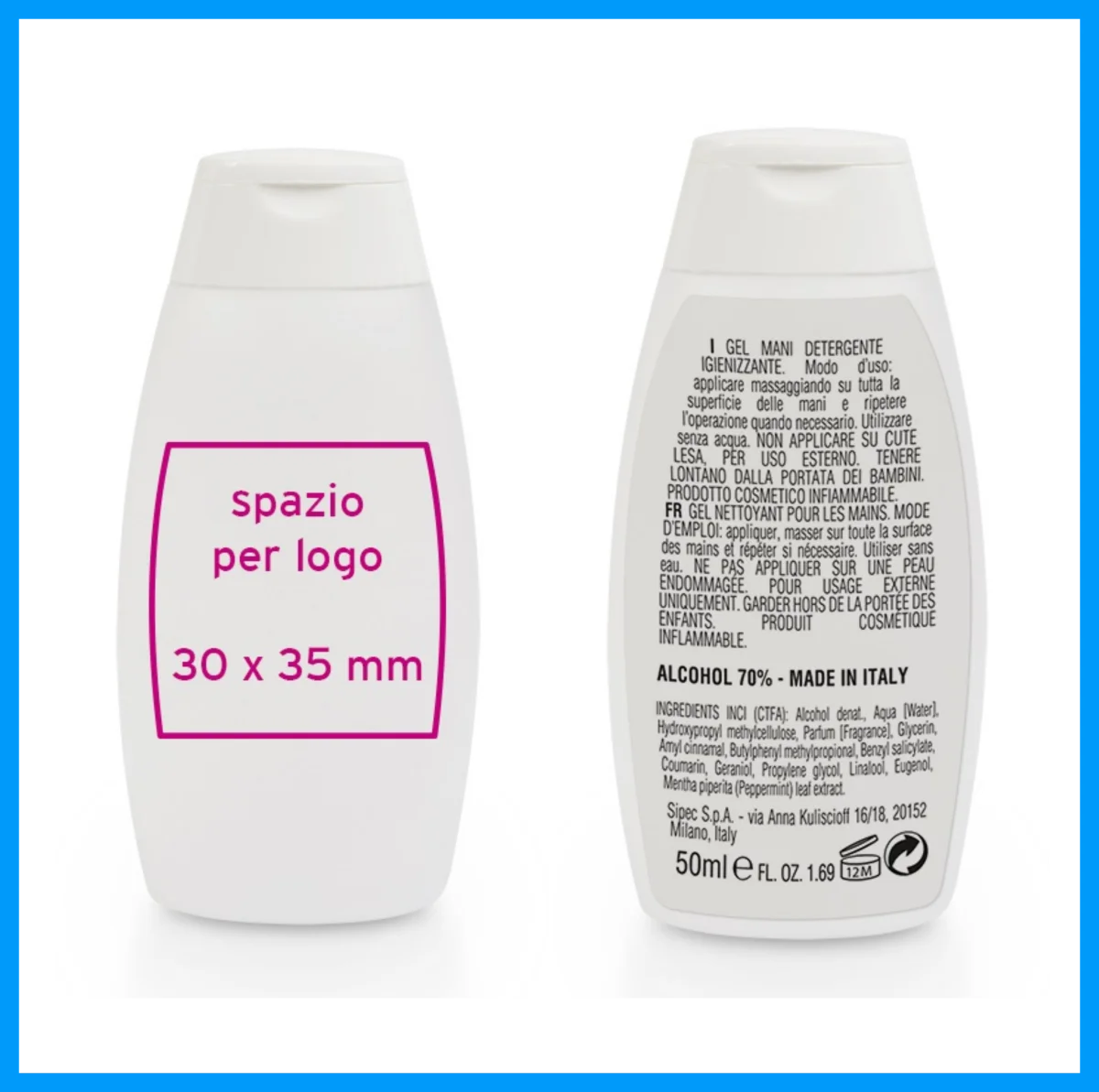 Gel igienizzante mani 50ml portatile personalizzato – conf. 48 pezzi