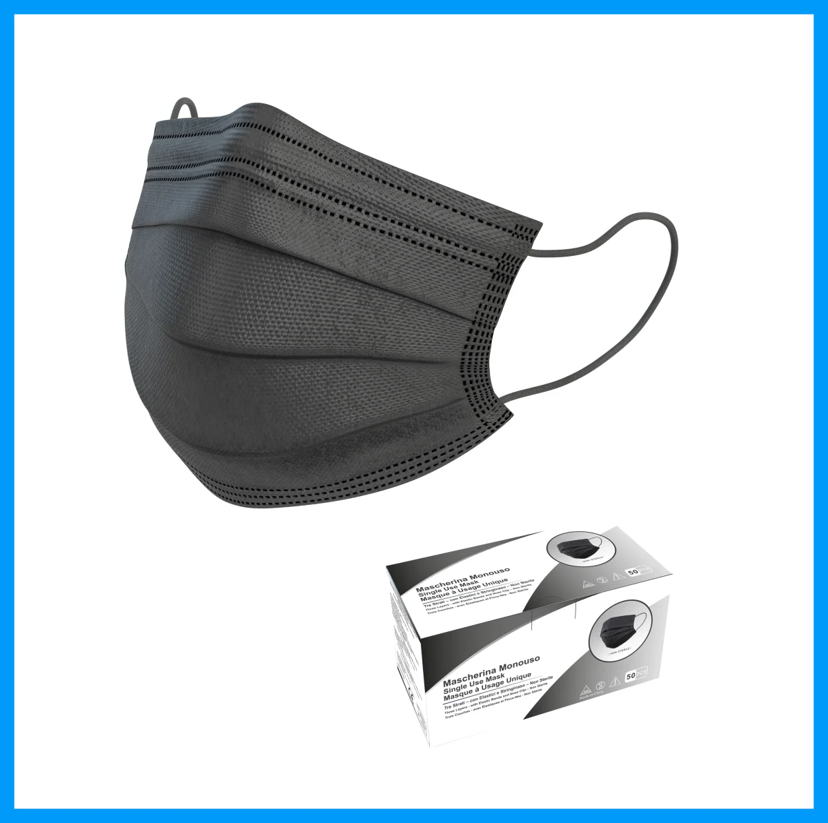 Confezione 50 mascherine chirurgiche monouso NERE Certificate – Dispositivo Medico Tipo 2