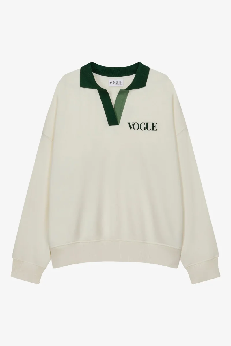 VOGUE Polo Sweatshirt Cream Contrast Green Collar