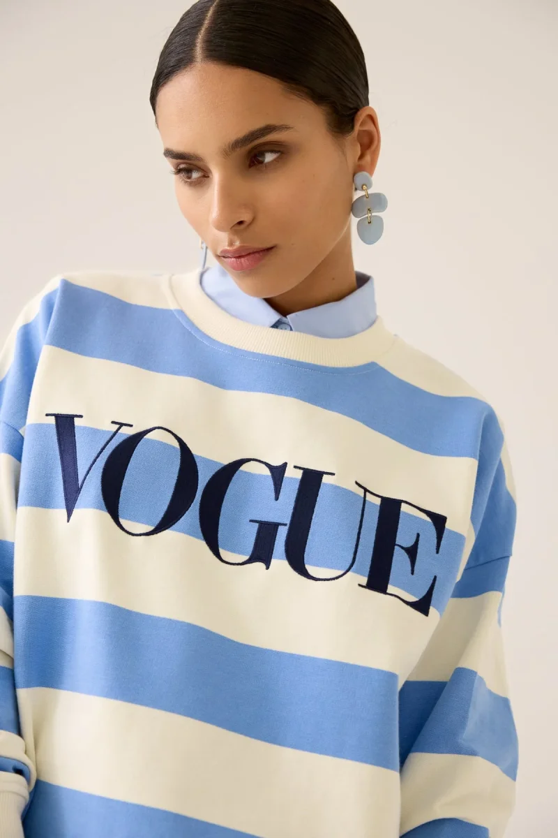 VOGUE Sweatshirt Sky Blue Striped Embroidered Logo - immagine 3